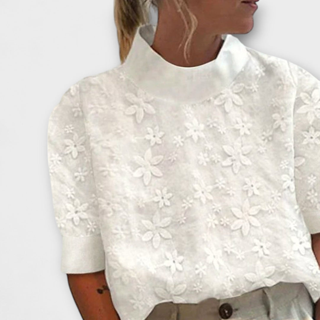 Nikolina I Blouse with Embroidered Simple Stand Collar
