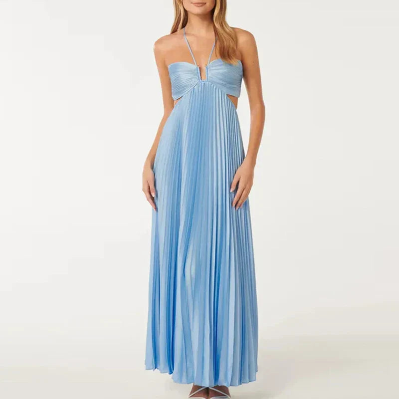 Skye | Blue Halter Pleated Holiday Dress