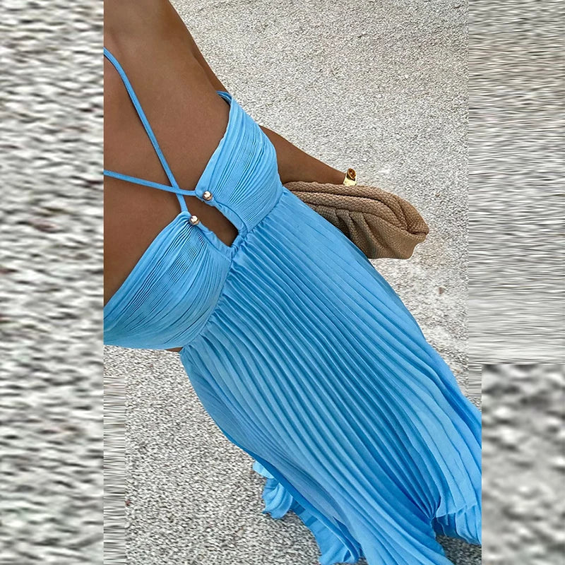 Skye | Blue Halter Pleated Holiday Dress