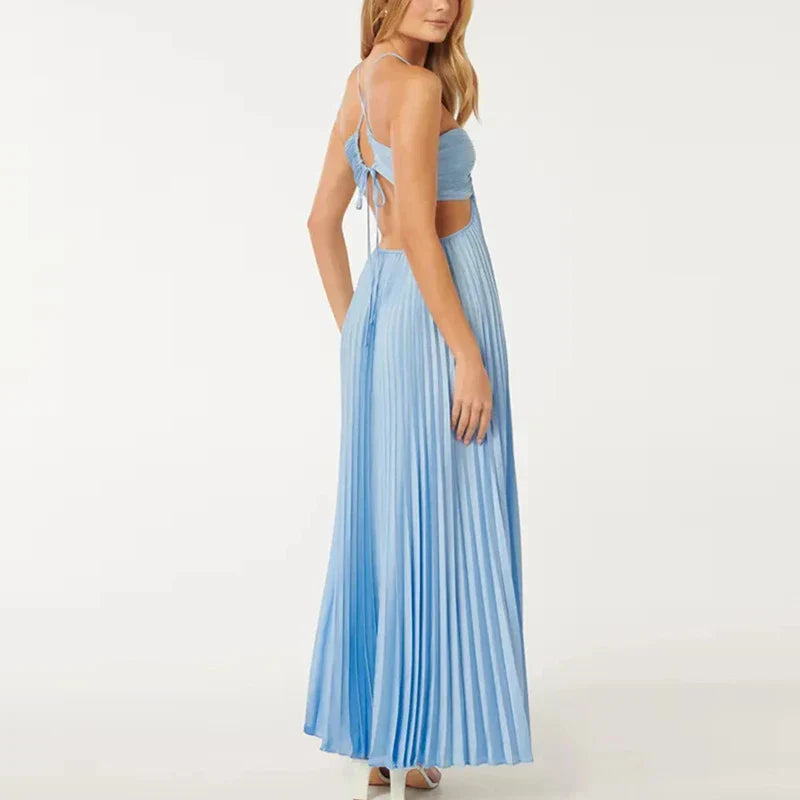 Skye | Blue Halter Pleated Holiday Dress
