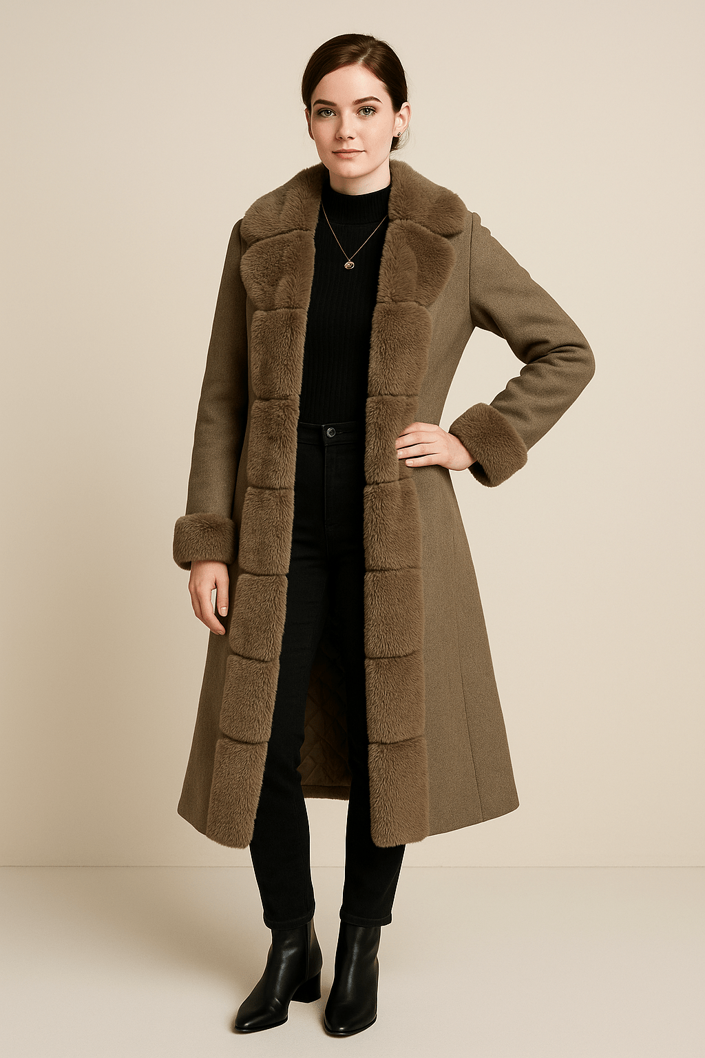 Tiril | Wool Blend Trench Coat with Faux Fur Trim