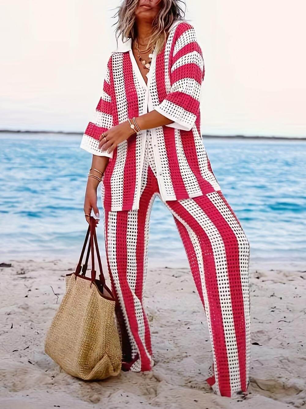 Sarah - Striped Hollow Out Top And Pants Set