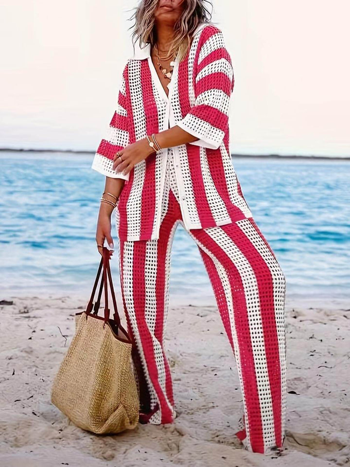 Sarah - Striped Hollow Out Top And Pants Set