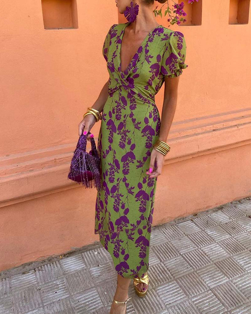 Della - Floral Puff Sleeve Midi Dress