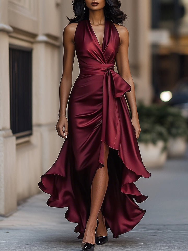 Olivera I Satin Halter Ruffle Gown