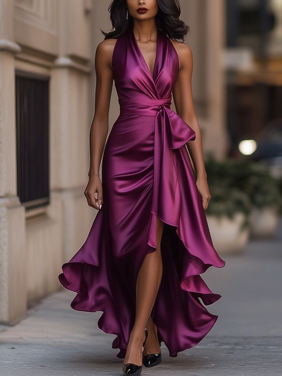 Olivera I Satin Halter Ruffle Gown