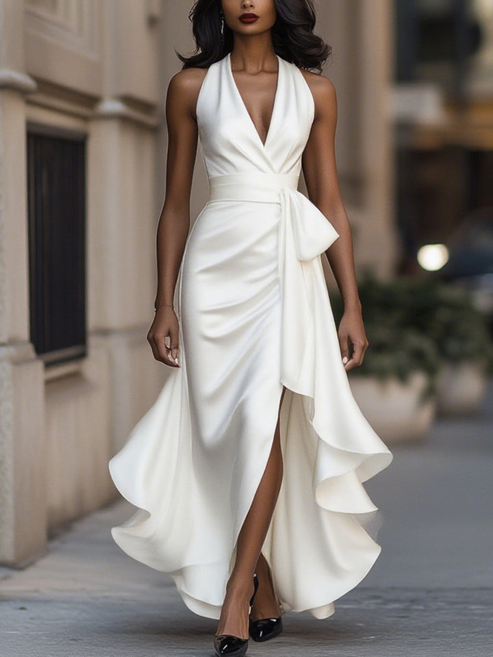 Olivera I Satin Halter Ruffle Gown