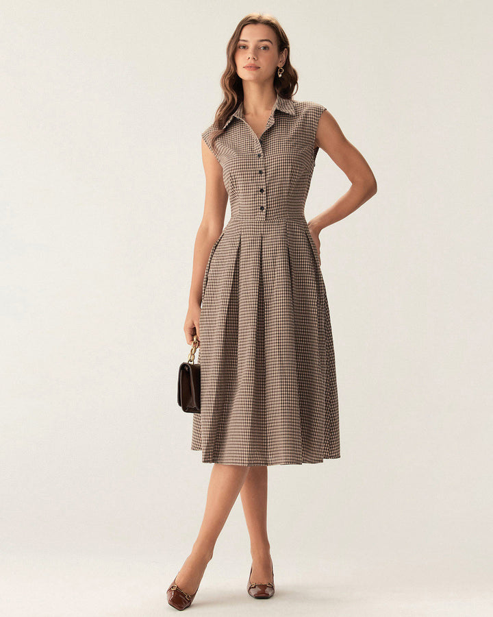 Miriram I Plaid Button Pleated Midi Dress