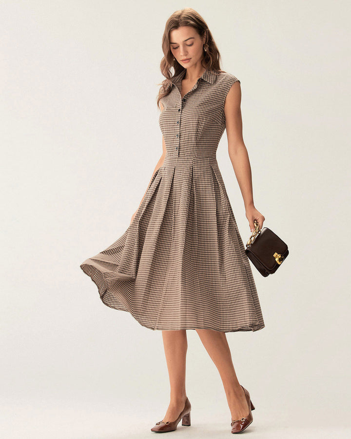 Miriram I Plaid Button Pleated Midi Dress
