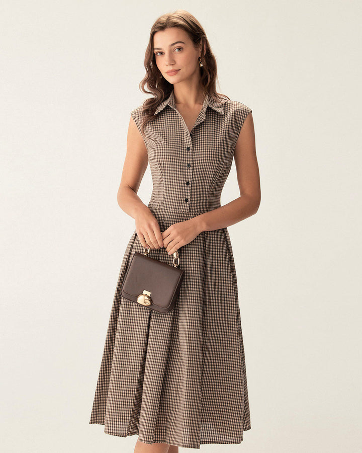 Miriram I Plaid Button Pleated Midi Dress