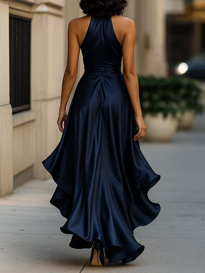 Olivera I Satin Halter Ruffle Gown