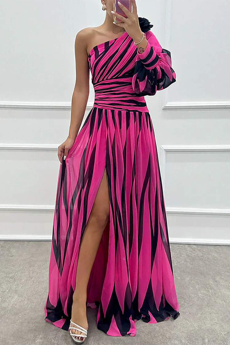Indigo | Elegant Striped One Shoulder Maxi Dress