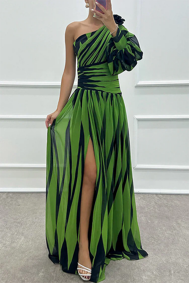 Indigo | Elegant Striped One Shoulder Maxi Dress