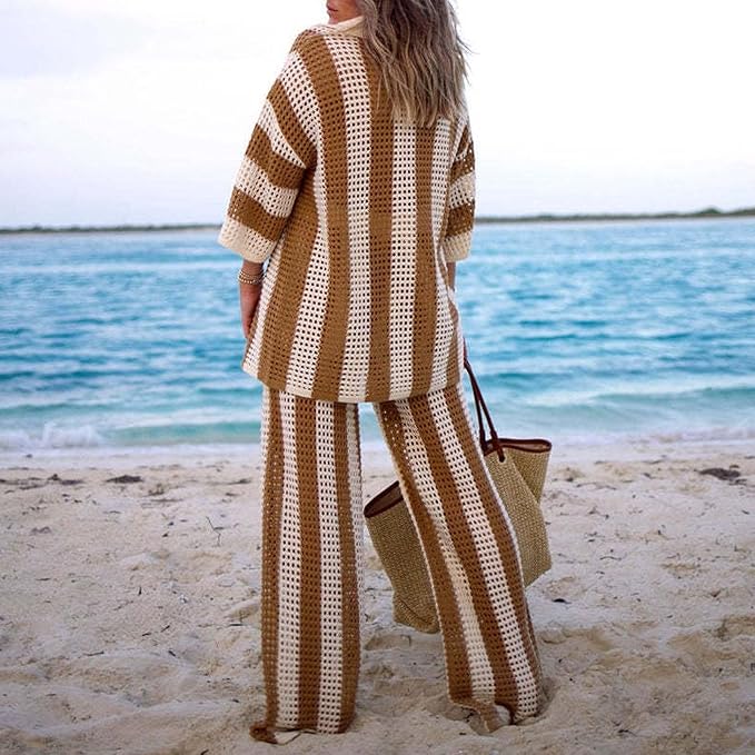 Sarah - Striped Hollow Out Top And Pants Set