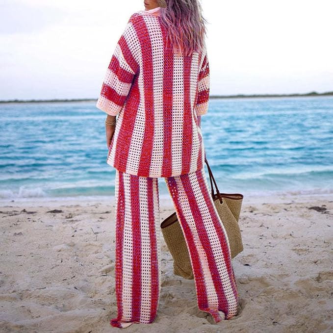 Sarah - Striped Hollow Out Top And Pants Set