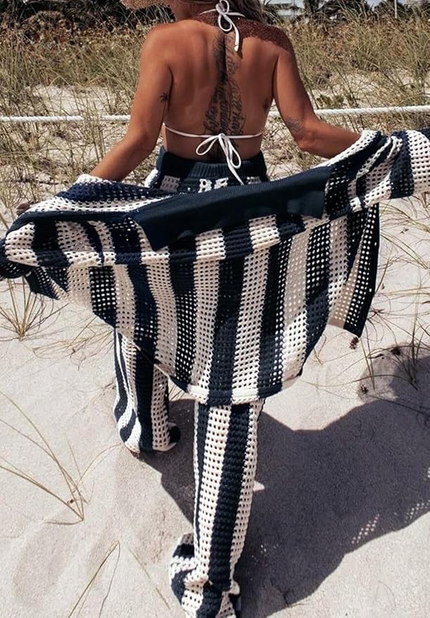 Sarah - Striped Hollow Out Top And Pants Set
