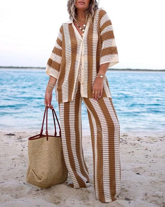 Sarah - Striped Hollow Out Top And Pants Set