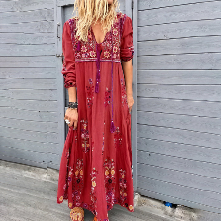 Maya | Boho Maxi with Hand-Embroidered Charm