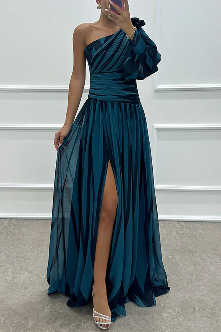 Indigo | Elegant Striped One Shoulder Maxi Dress