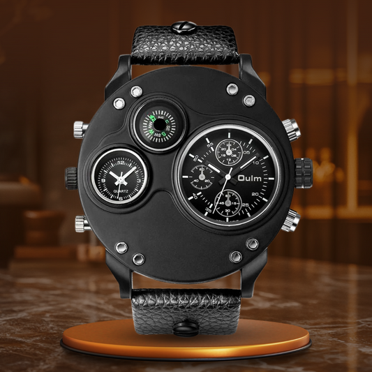 Black Leather Double Time Zone Quartz Watch