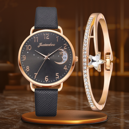 Moon Numbers Dial Watch and Bracelets Set