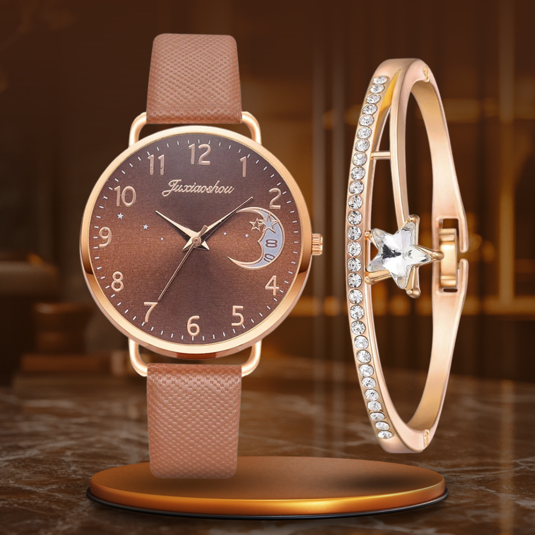 Moon Numbers Dial Watch and Bracelets Set