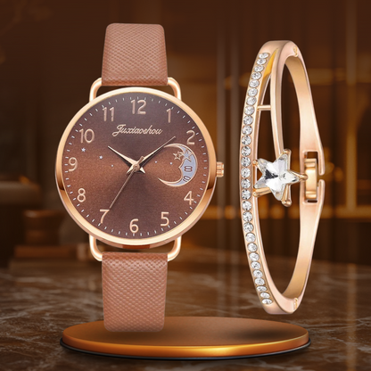 Moon Numbers Dial Watch and Bracelets Set
