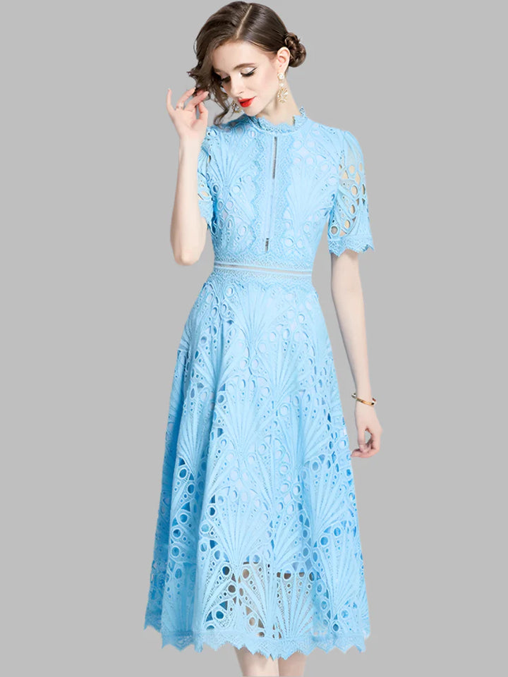 Olivia -  Elegant Floral Crochet Lace Midi Dress