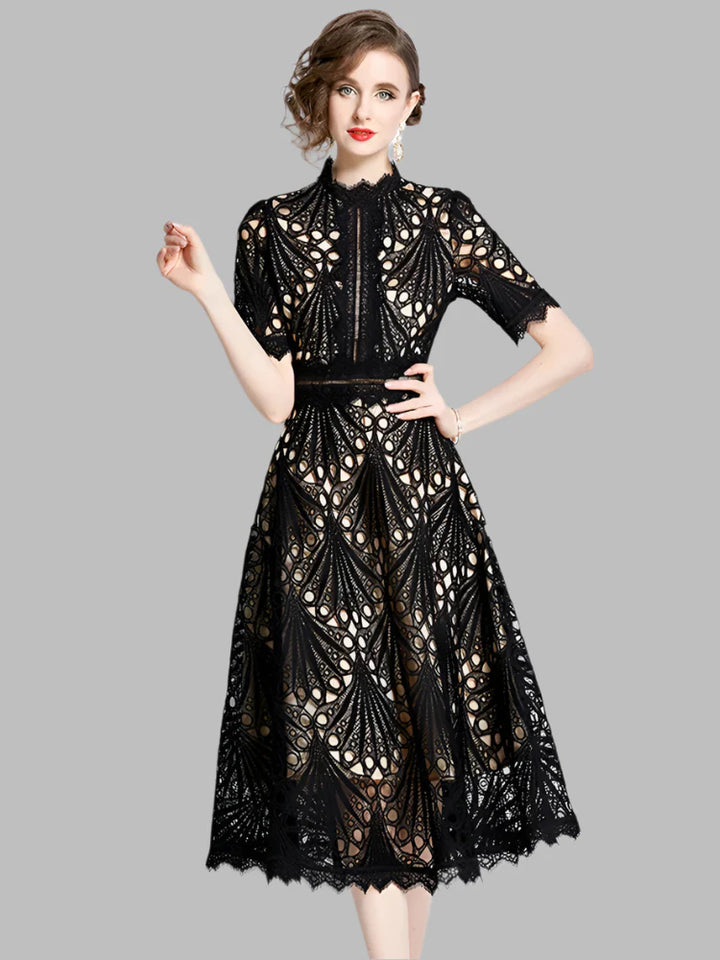 Olivia -  Elegant Floral Crochet Lace Midi Dress