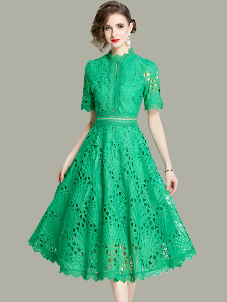 Olivia -  Elegant Floral Crochet Lace Midi Dress