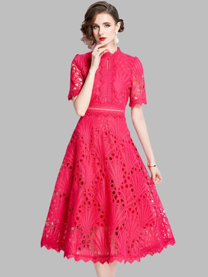 Olivia -  Elegant Floral Crochet Lace Midi Dress