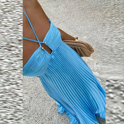 Skye | Blue Halter Pleated Holiday Dress
