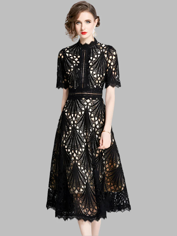 Olivia -  Elegant Floral Crochet Lace Midi Dress