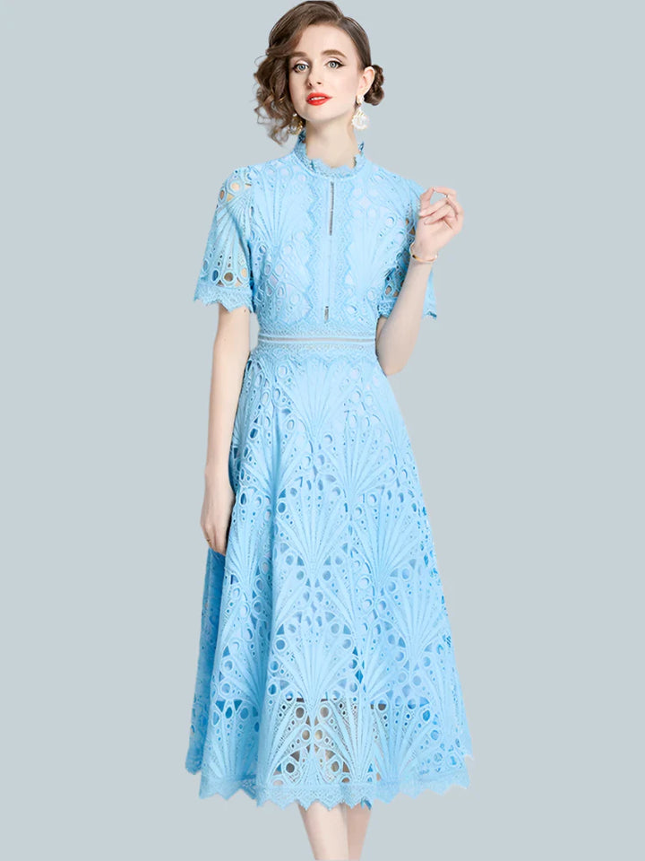 Olivia -  Elegant Floral Crochet Lace Midi Dress