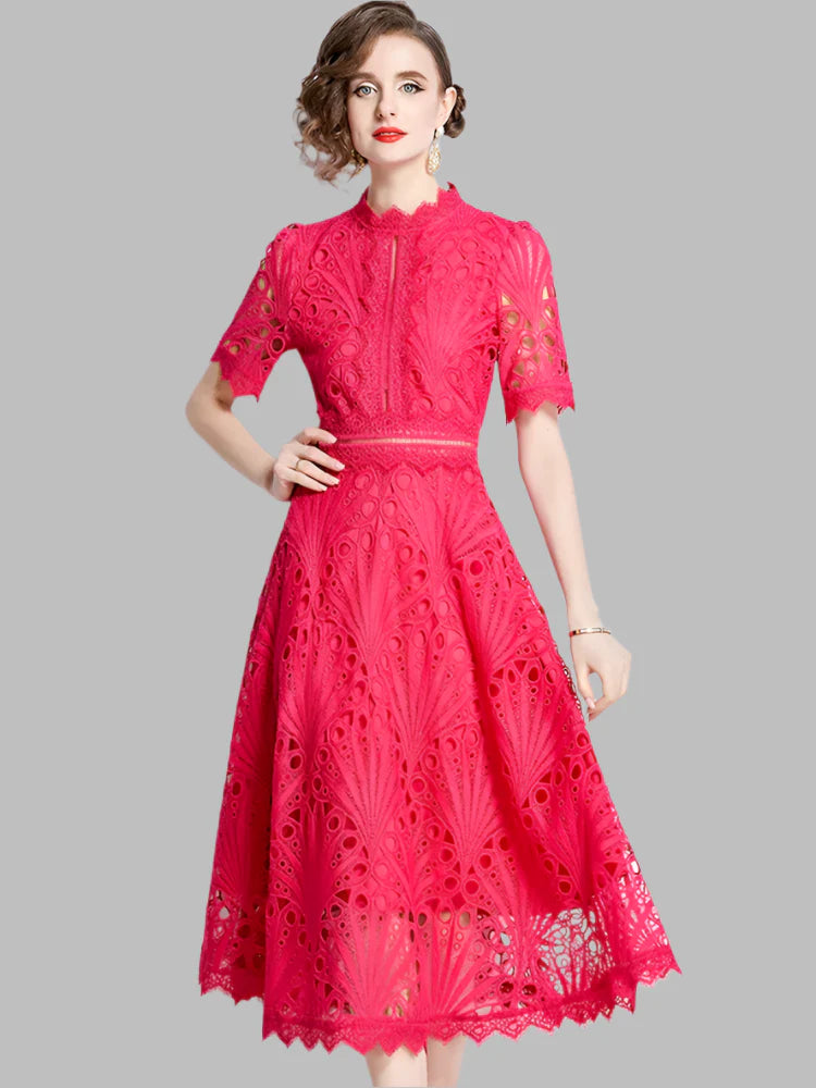 Olivia -  Elegant Floral Crochet Lace Midi Dress