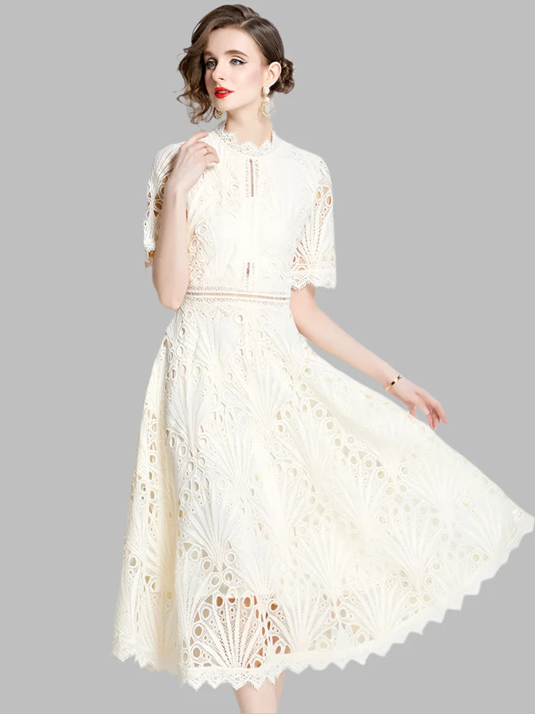 Olivia -  Elegant Floral Crochet Lace Midi Dress