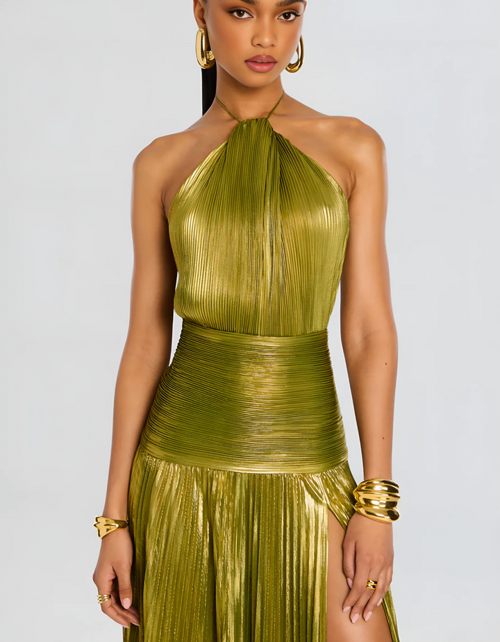 Thalia I Metallic Peridot Maxi Dress