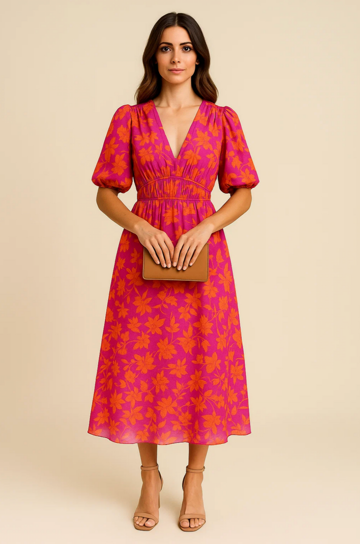 Katty I  Floral Midi Dress with Puff Sleeves and V-neck