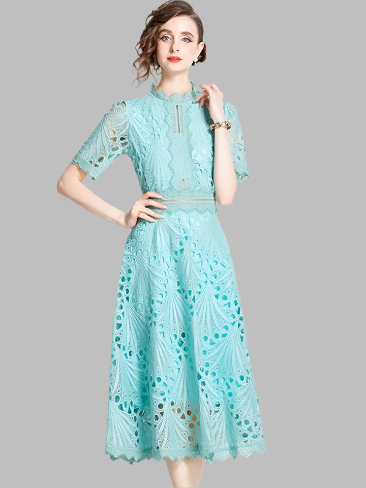 Olivia -  Elegant Floral Crochet Lace Midi Dress