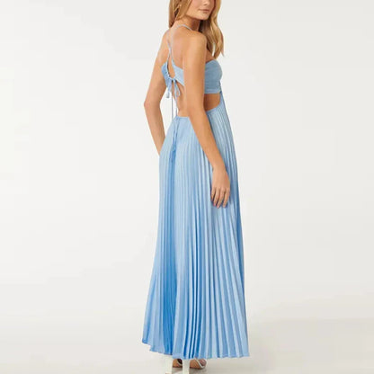 Skye | Blue Halter Pleated Holiday Dress