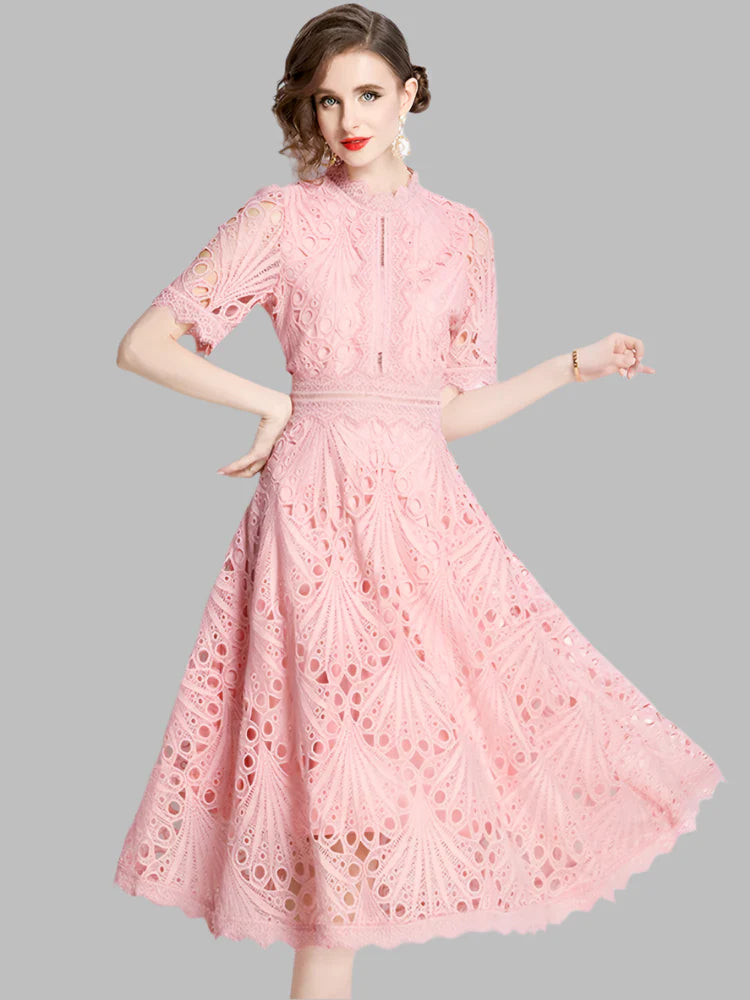 Olivia -  Elegant Floral Crochet Lace Midi Dress