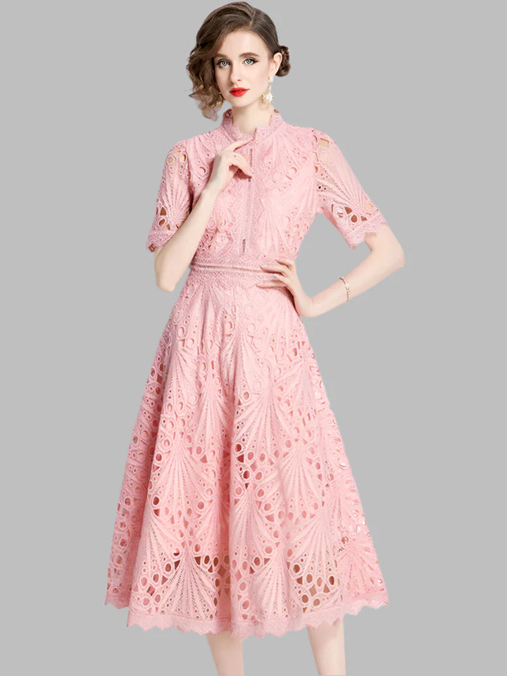 Olivia -  Elegant Floral Crochet Lace Midi Dress