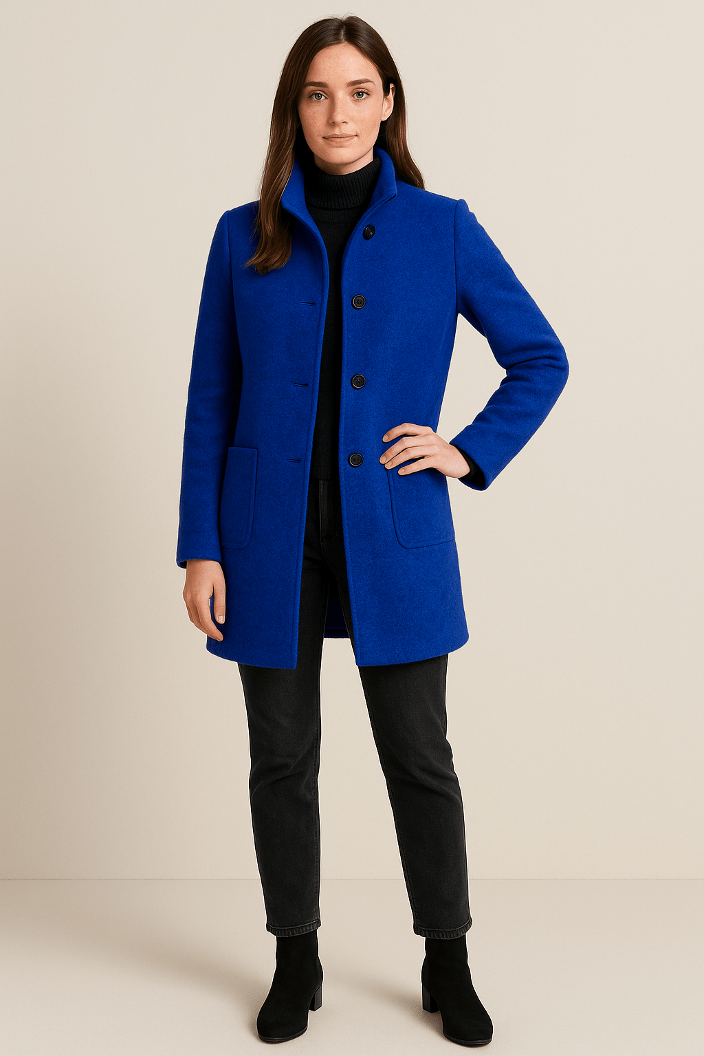 Elara | Wool Blend Coat with Stand Collar and Pockets