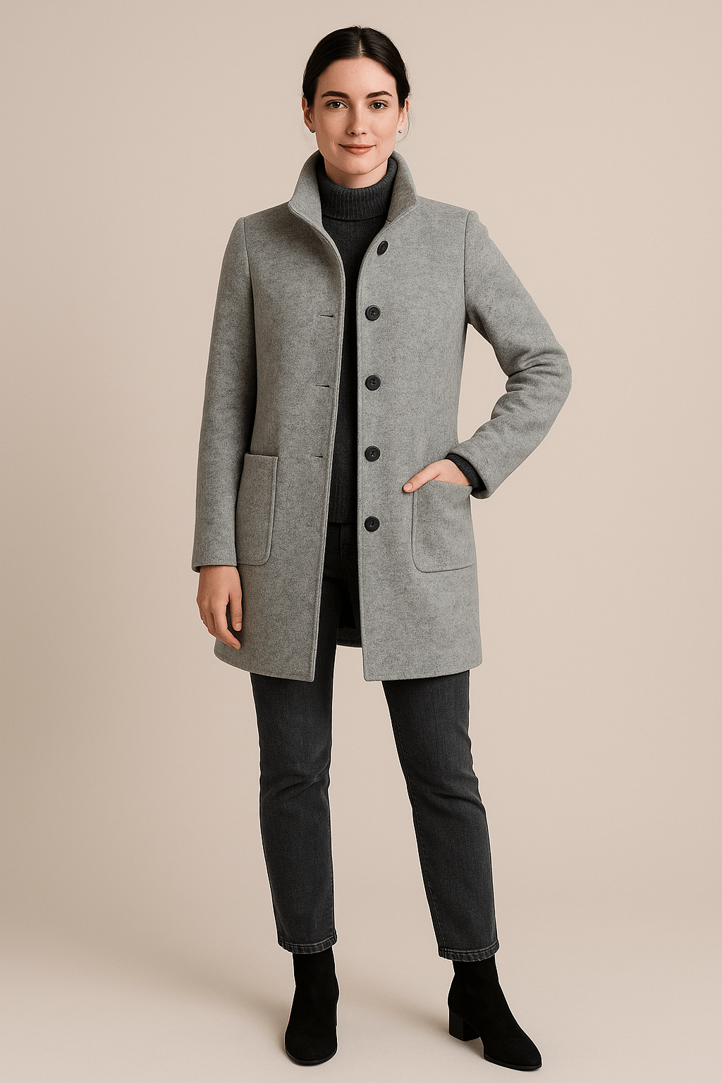 Elara | Wool Blend Coat with Stand Collar and Pockets