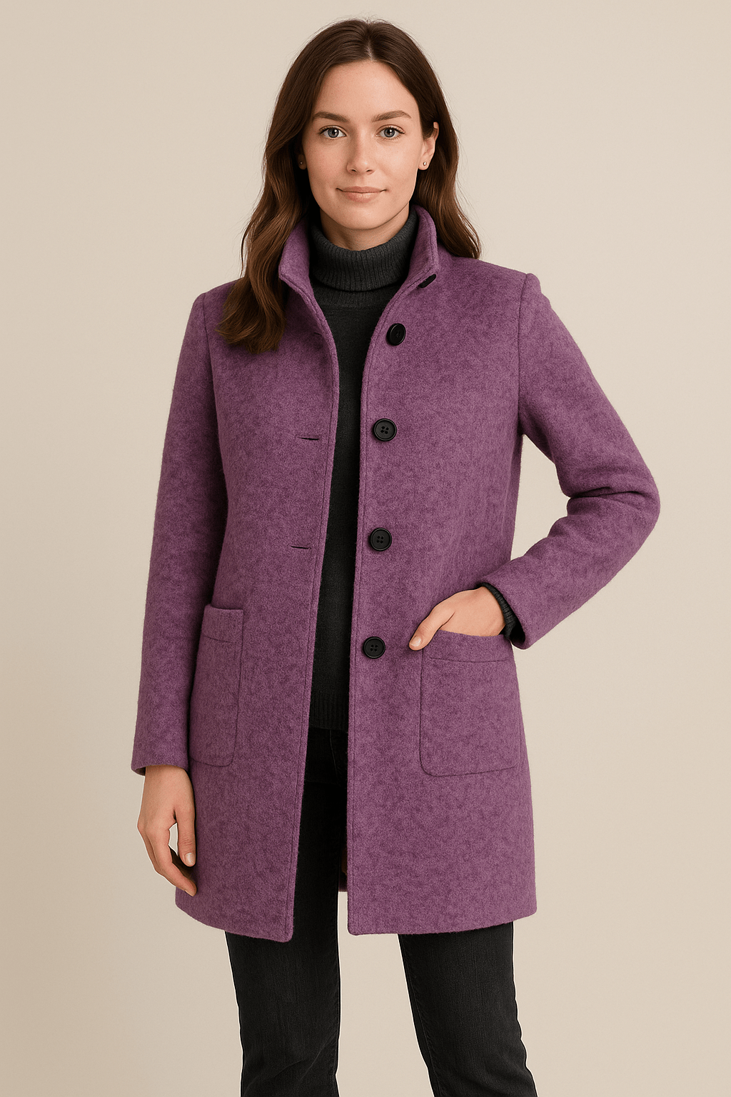 Elara | Wool Blend Coat with Stand Collar and Pockets