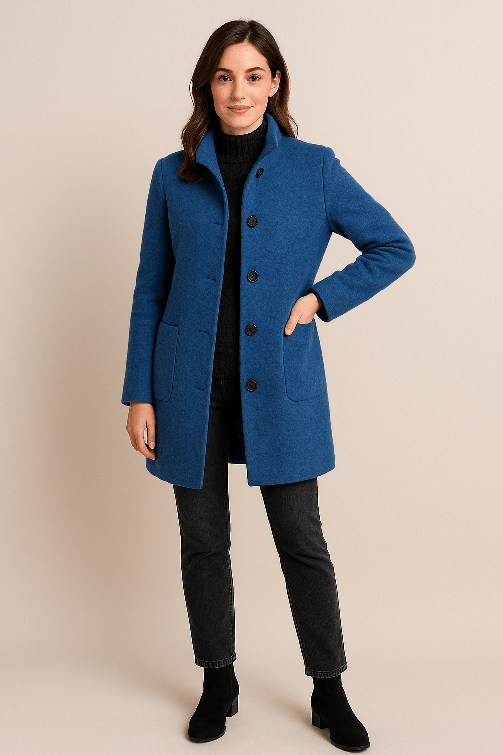 Elara | Wool Blend Coat with Stand Collar and Pockets