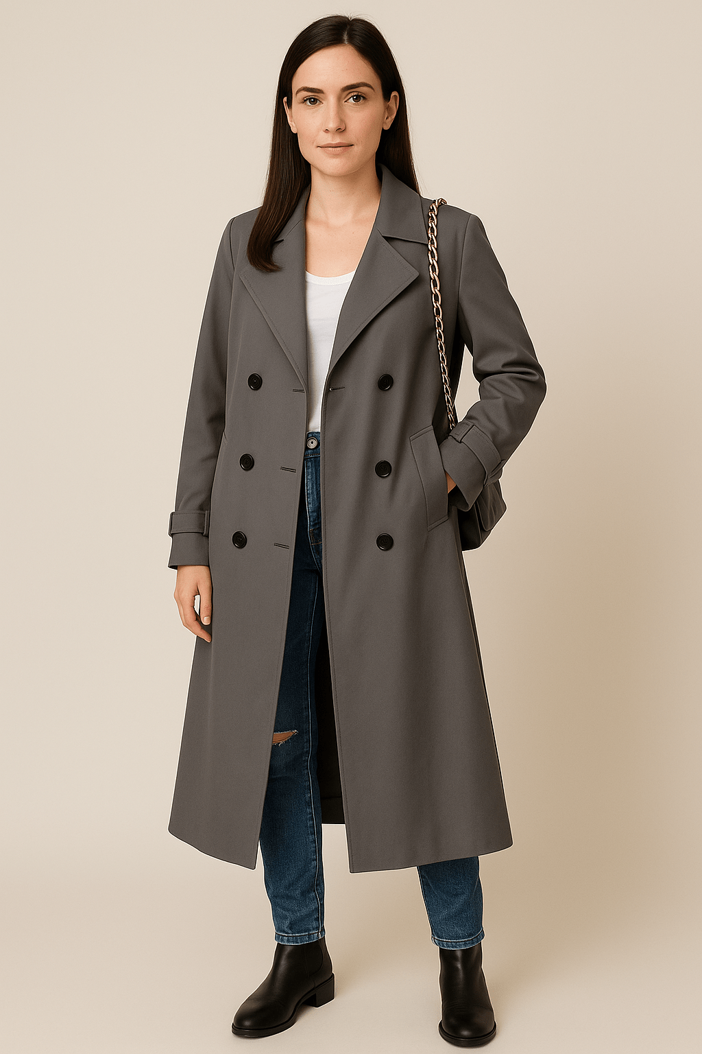 Isha | Relaxed Double-Breasted Trench Coat with Belted Waist