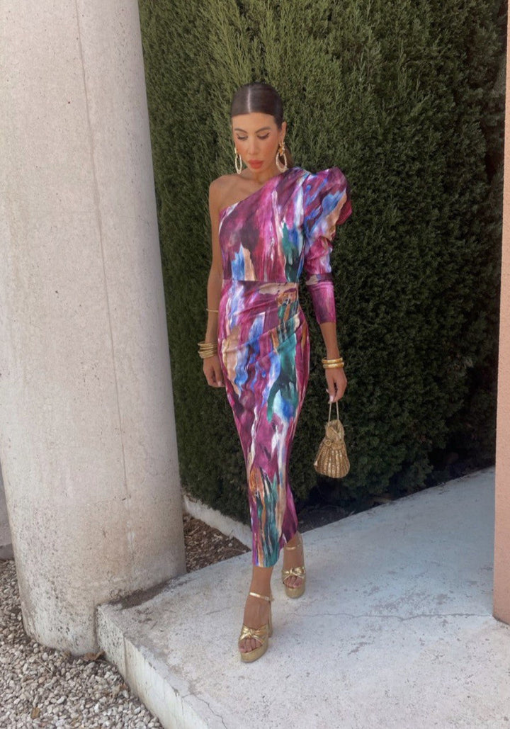 Yllana - Purple Puff One Shoulder Midi Dress