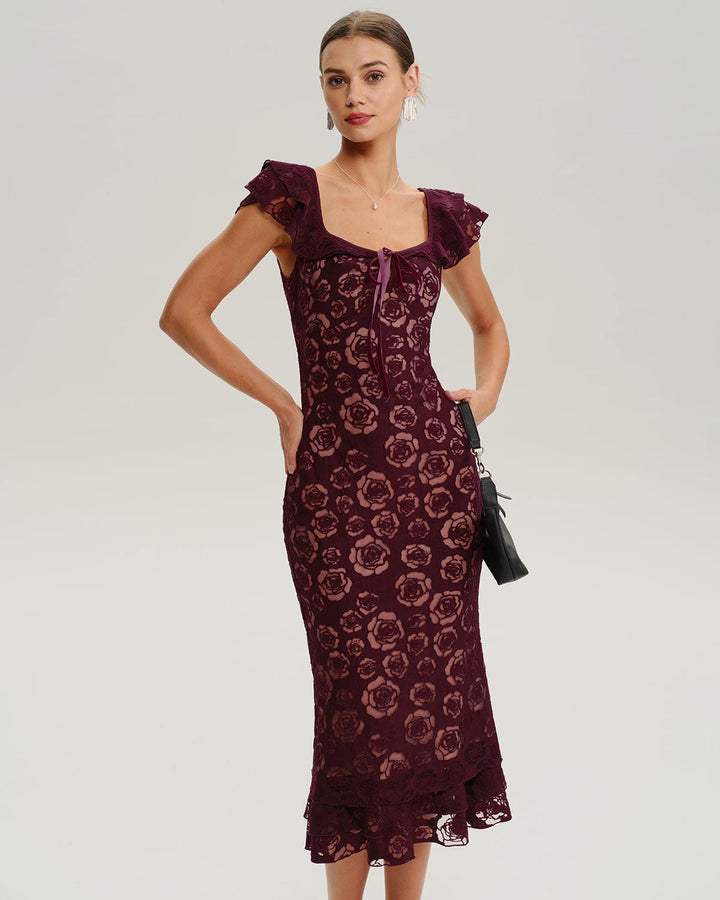 Wine Red Floral Mermaid Midi Dress