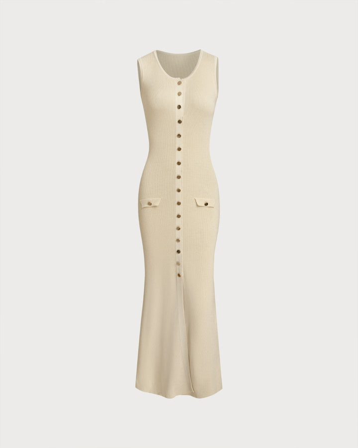 Lolita I Beige Sleeveless Button Sweater Dress